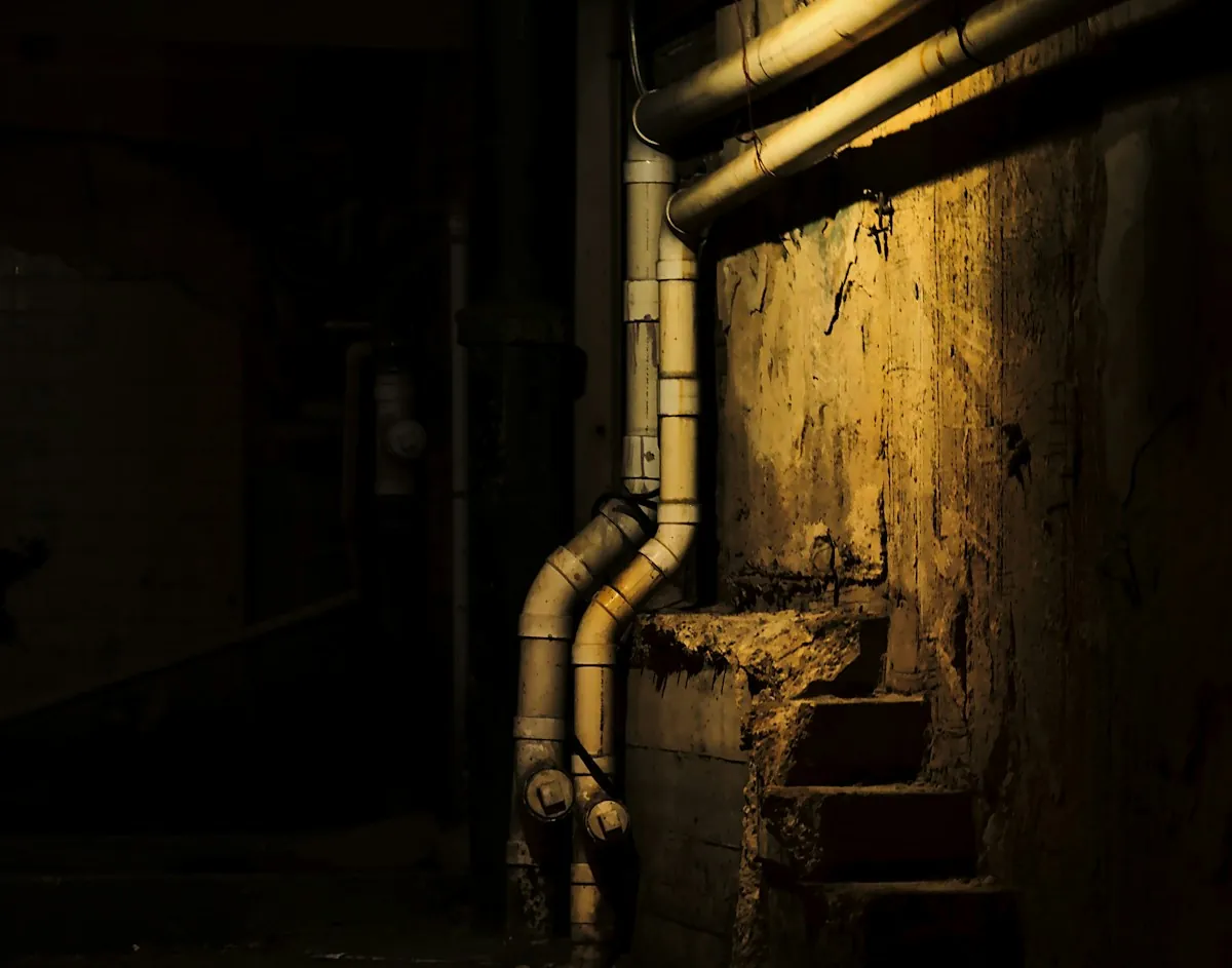 Old painted heating pipes running along a concrete basement wall beside a boiler